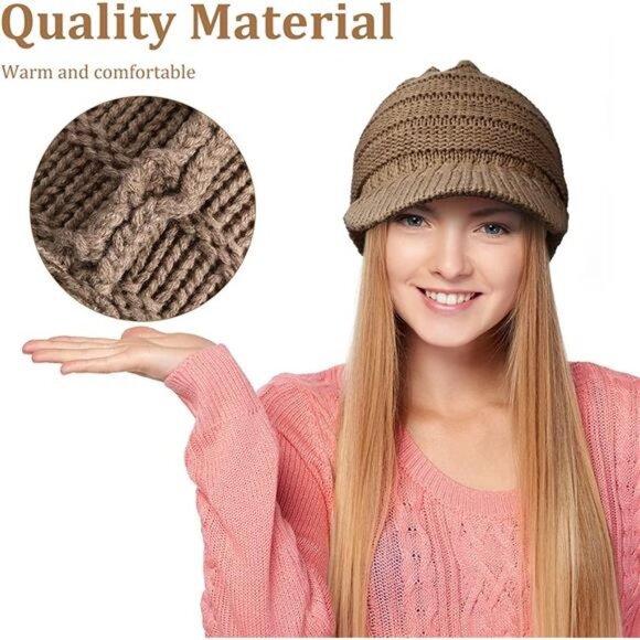 Women\'s 4 Pieces Winter Knit Hat with Visor Warm Newsboy Skull Cap